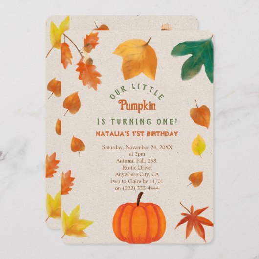 Little Pumpkin eerste verjaardag uitnodiging (Voorkant / Achterkant)
