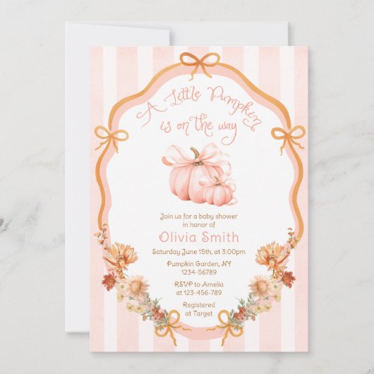 Little Pumpkin Elegant Bow Floral Baby Shower Kaart (Voorkant)