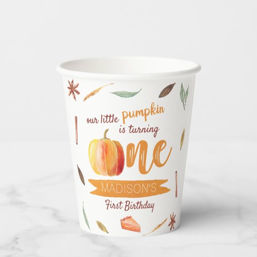 Little Pumpkin Fall 1st Birthday Papieren Bekers (Achterkant)
