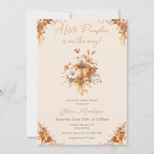 Little Pumpkin Fall Floral Baby Shower Invitation Kaart (Voorkant)