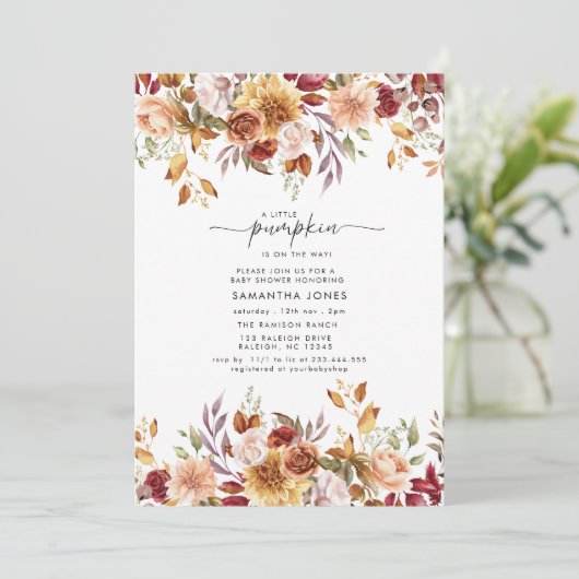 Little Pumpkin Fall Floral Baby Shower Kaart (Staand voorkant)