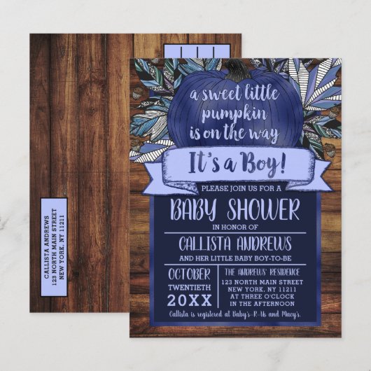 Little Pumpkin Fall Leaves Blue Wood Baby shower Uitnodiging Briefkaart (Voorkant / Achterkant)
