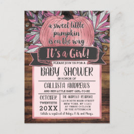 Little Pumpkin Fall Leaves Pink Wood Baby shower Uitnodiging Briefkaart