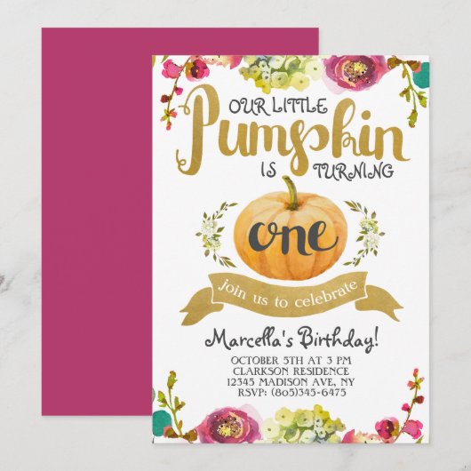 Little Pumpkin First Birthday Invitation Kaart (Voorkant / Achterkant)