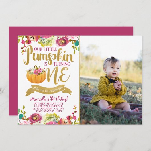 Little Pumpkin First Birthday Invitation Kaart (Voorkant / Achterkant)