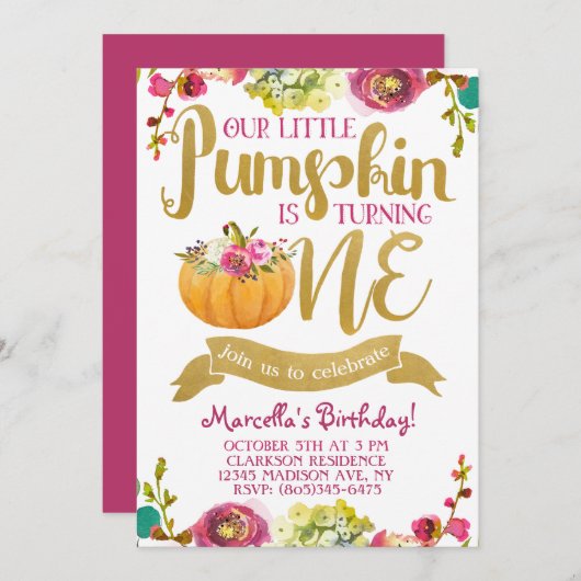 Little Pumpkin First Birthday Invitation Kaart (Voorkant / Achterkant)