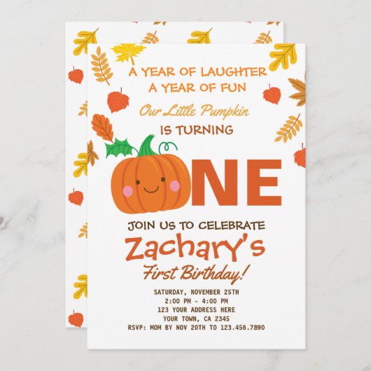 Little Pumpkin First Birthday Invitation Kaart (Voorkant / Achterkant)