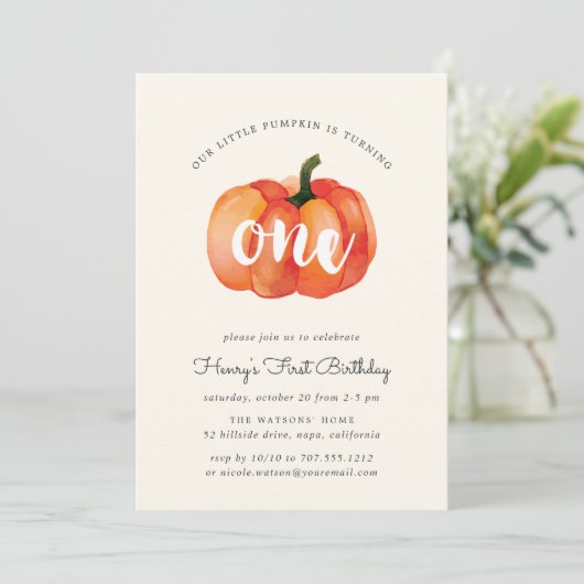 Little Pumpkin First Birthday Party Invitation Kaart (Staand voorkant)