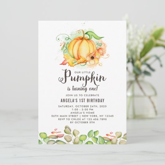 Little Pumpkin First Birthday Party Kaart (Staand voorkant)