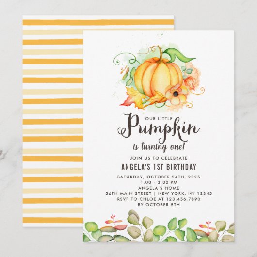 Little Pumpkin First Birthday Party Kaart (Voorkant / Achterkant)
