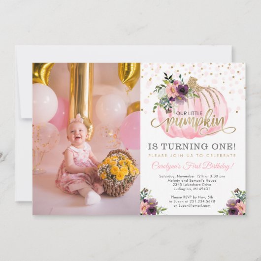 Little Pumpkin First Birthday Photo Invitation Kaart (Voorkant)