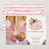 Little Pumpkin First Birthday Photo Invitation Kaart (Voorkant / Achterkant)