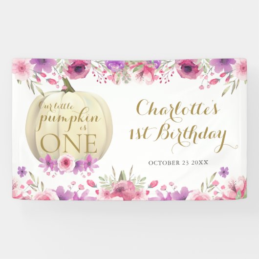 Little Pumpkin Floral 1st Birthday Party Spandoek (Horizontaal)
