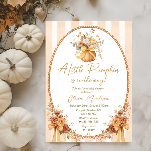 Little Pumpkin Floral Bow Baby Shower Invitation Kaart
