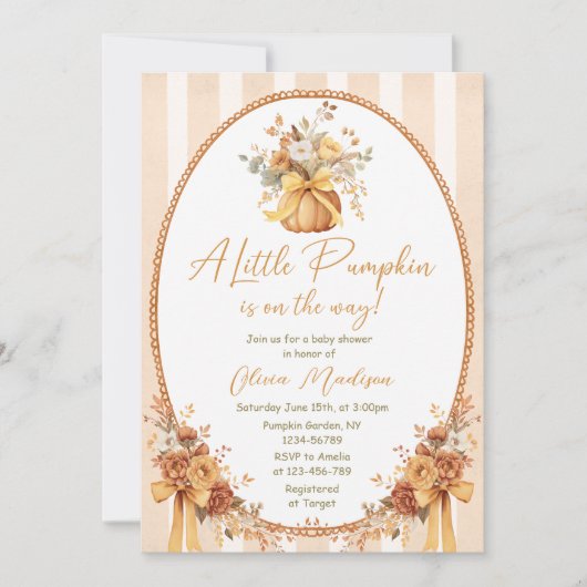 Little Pumpkin Floral Bow Baby Shower Invitation Kaart (Voorkant)
