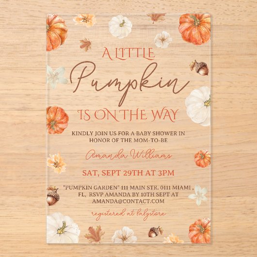 Little Pumpkin Floral Fall Baby Shower Acryl Uitnodigingen (Voorkant)