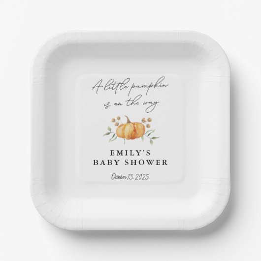 Little Pumpkin Floral Neutral Baby shower Papieren Bordje (Voorkant)
