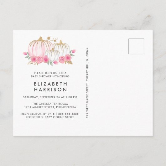 Little Pumpkin Floral Waterverf Baby Girl Uitnodiging Briefkaart (Achterkant)