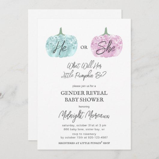 Little Pumpkin Gender onthulling Halloween Baby sh Kaart (Voorkant / Achterkant)