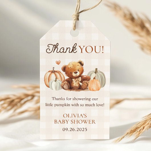 Little Pumpkin Gingham Beer Herfst Baby shower gun Cadeaulabel