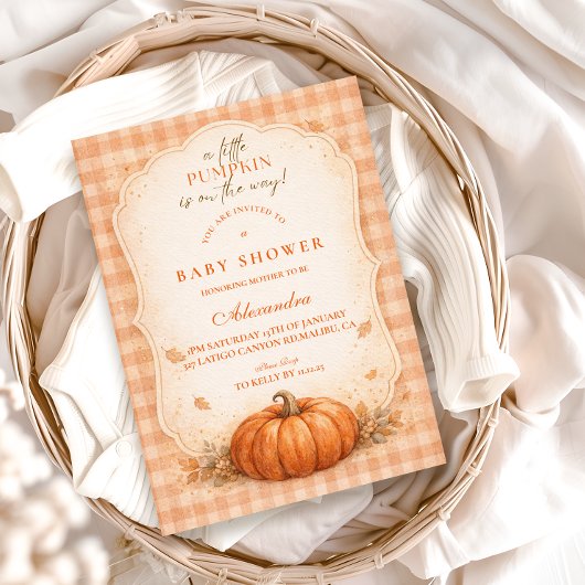 Little Pumpkin Gingham Fall Baby Shower Kaart