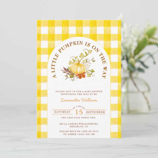 Little Pumpkin Gingham Plaid Boho Baby shower Kaart (Staand voorkant)