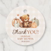 Little Pumpkin Gingham Teddy Bear Herfst Baby show Bedankjes Labels (Voorkant)