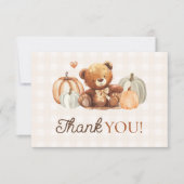 Little Pumpkin Gingham Teddy Bear Herfst Baby show Bedankkaart (Voorkant)