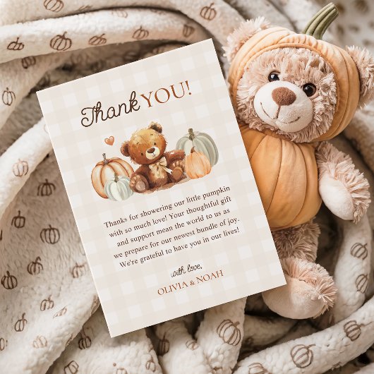 Little Pumpkin Gingham Teddy Bear Herfst Baby show Bedankkaart