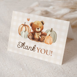 Little Pumpkin Gingham Teddy Bear Herfst Baby show Bedankkaart