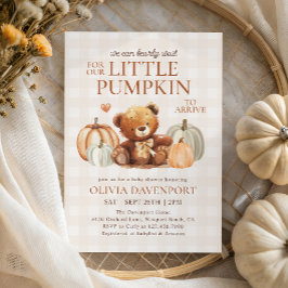 Little Pumpkin Gingham Teddy Bear Herfst Baby show Kaart