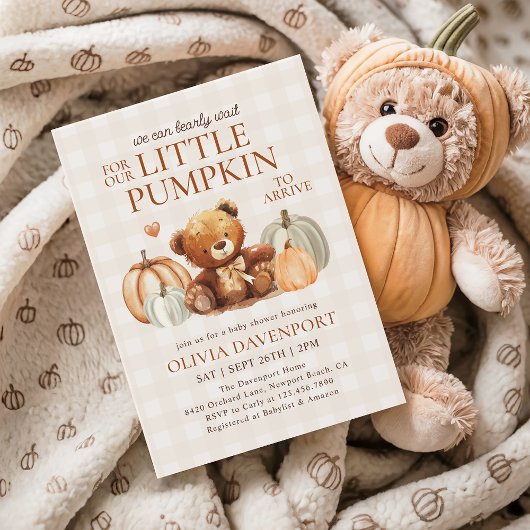 Little Pumpkin Gingham Teddy Bear Herfst Baby show Kaart