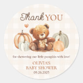 Little Pumpkin Gingham Teddy Bear Herfst Baby show Ronde Sticker (Voorkant)