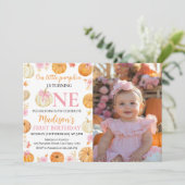 Little Pumpkin Girl 1st Birthday Fotouitnodiging Bedankkaart (Staand voorkant)