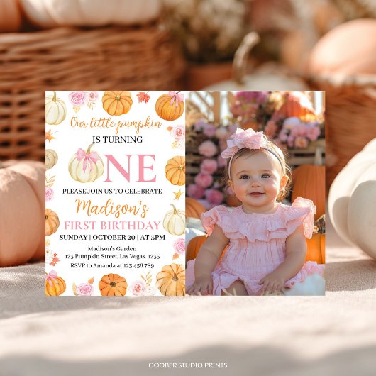 Little Pumpkin Girl 1st Birthday Fotouitnodiging Bedankkaart