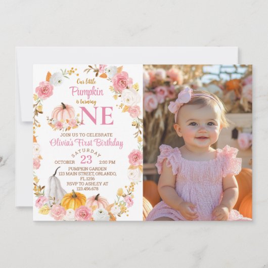 Little Pumpkin Girl 1st Birthday Fotouitnodiging Bedankkaart (Voorkant)