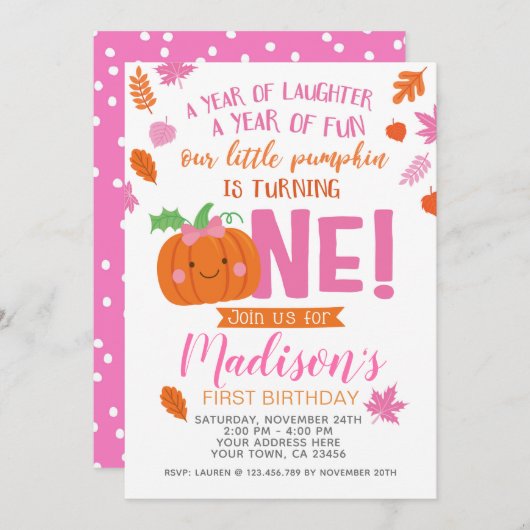 Little Pumpkin Girl First Birthday Invitation Kaart (Voorkant / Achterkant)