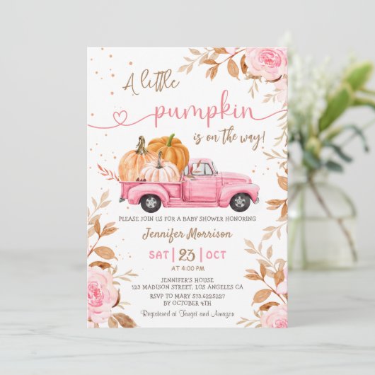 Little Pumpkin Girl Pink Truck Herfst Baby shower Kaart (Staand voorkant)