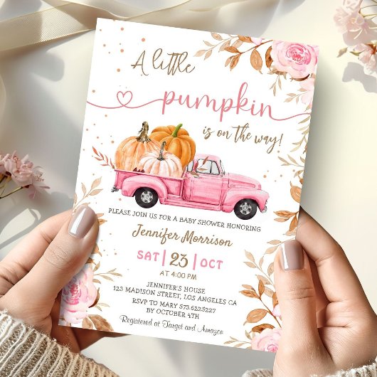 Little Pumpkin Girl Pink Truck Herfst Baby shower Kaart