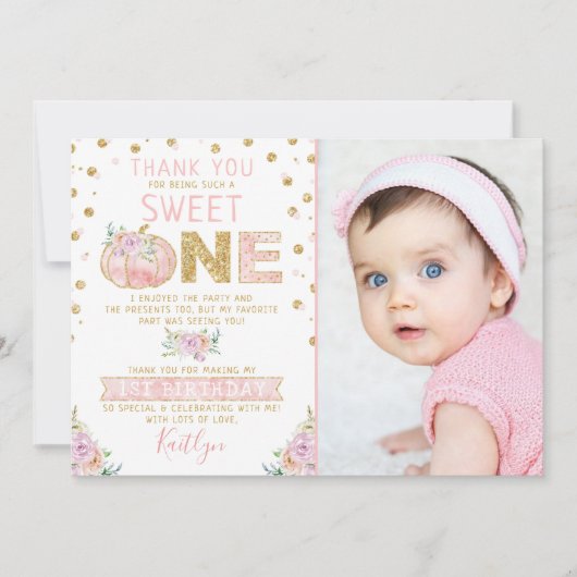 Little Pumpkin Girls 1e verjaardag Foto Bedankkaart (Voorkant)