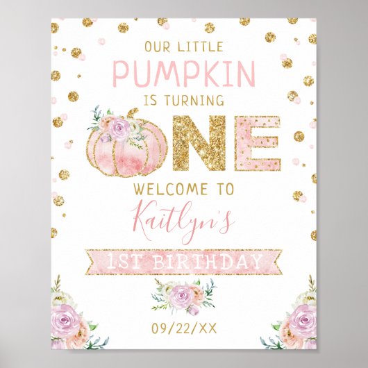 Little Pumpkin Girls 1ste Birthday Welcome Sign. Poster (Voorkant)