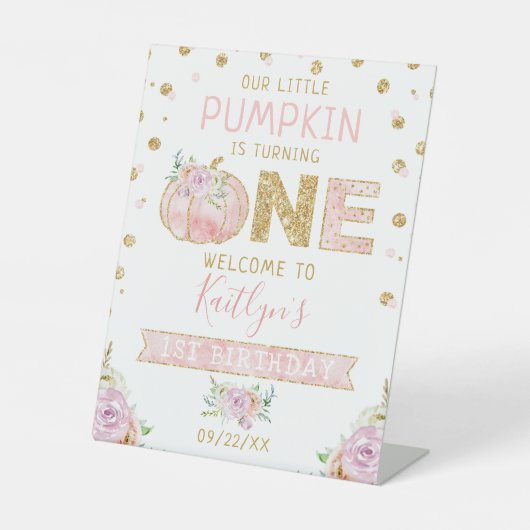 Little Pumpkin Girls 1ste Birthday Welcome Sign. Reclamebord Met Voetstuk (Voorkant)