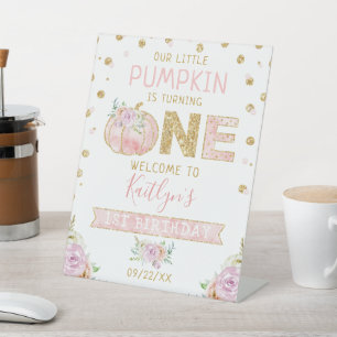 Little Pumpkin Girls 1ste Birthday Welcome Sign. Reclamebord Met Voetstuk