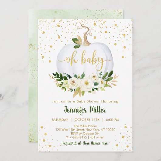 Little Pumpkin Greenery Gold Baby shower Kaart (Voorkant / Achterkant)