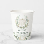 Little Pumpkin Greenery Gold Boy Herfst 1st Birthd Papieren Bekers (Achterkant)