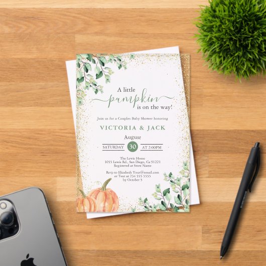 Little Pumpkin Greenery Gold Herfst Baby shower Acryl Uitnodigingen (Insitu (Uitnodiging))