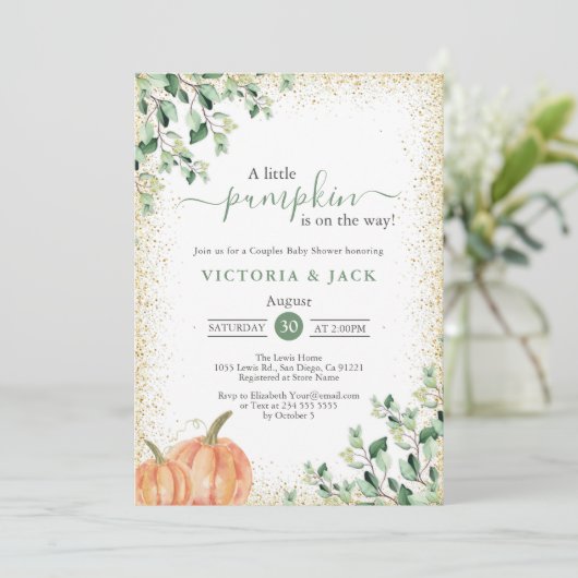 Little Pumpkin Greenery Gold Herfst Baby shower Kaart (Staand voorkant)