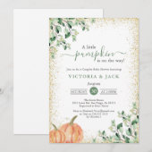 Little Pumpkin Greenery Gold Herfst Baby shower Kaart (Voorkant / Achterkant)
