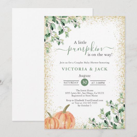 Little Pumpkin Greenery Gold Herfst Baby shower Kaart (Voorkant / Achterkant)