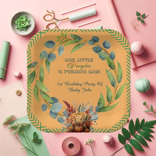 Little Pumpkin Greenery Wreath Fall Pumpkin Peach  Papieren Bordje